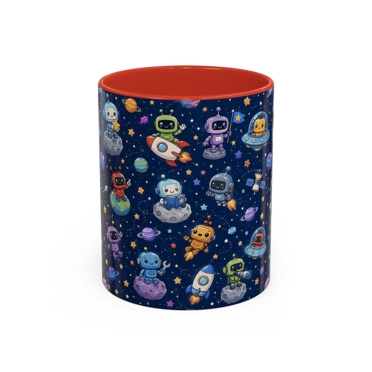 Galactic Robots Accent Coffee Mug — Cute Space Astronaut Pattern (11/15 oz)
