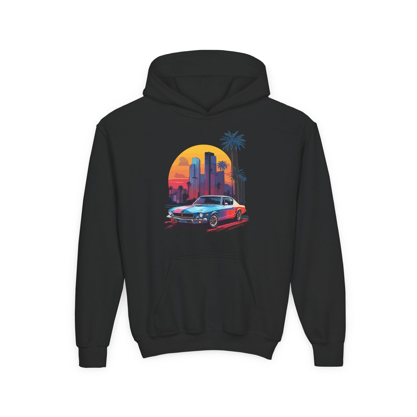 Youth Heavy Blend Hooded Sweatshirt - Vintage Car Sunset