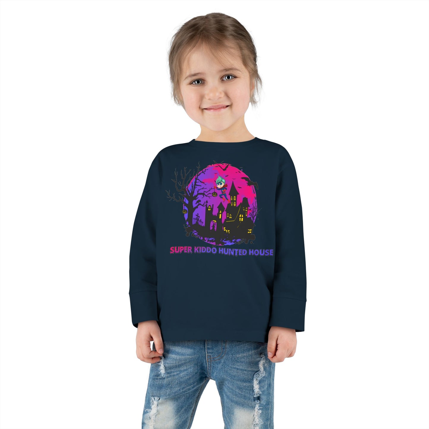 Toddler Long Sleeve Tee - Super kiddo flying on hunted house