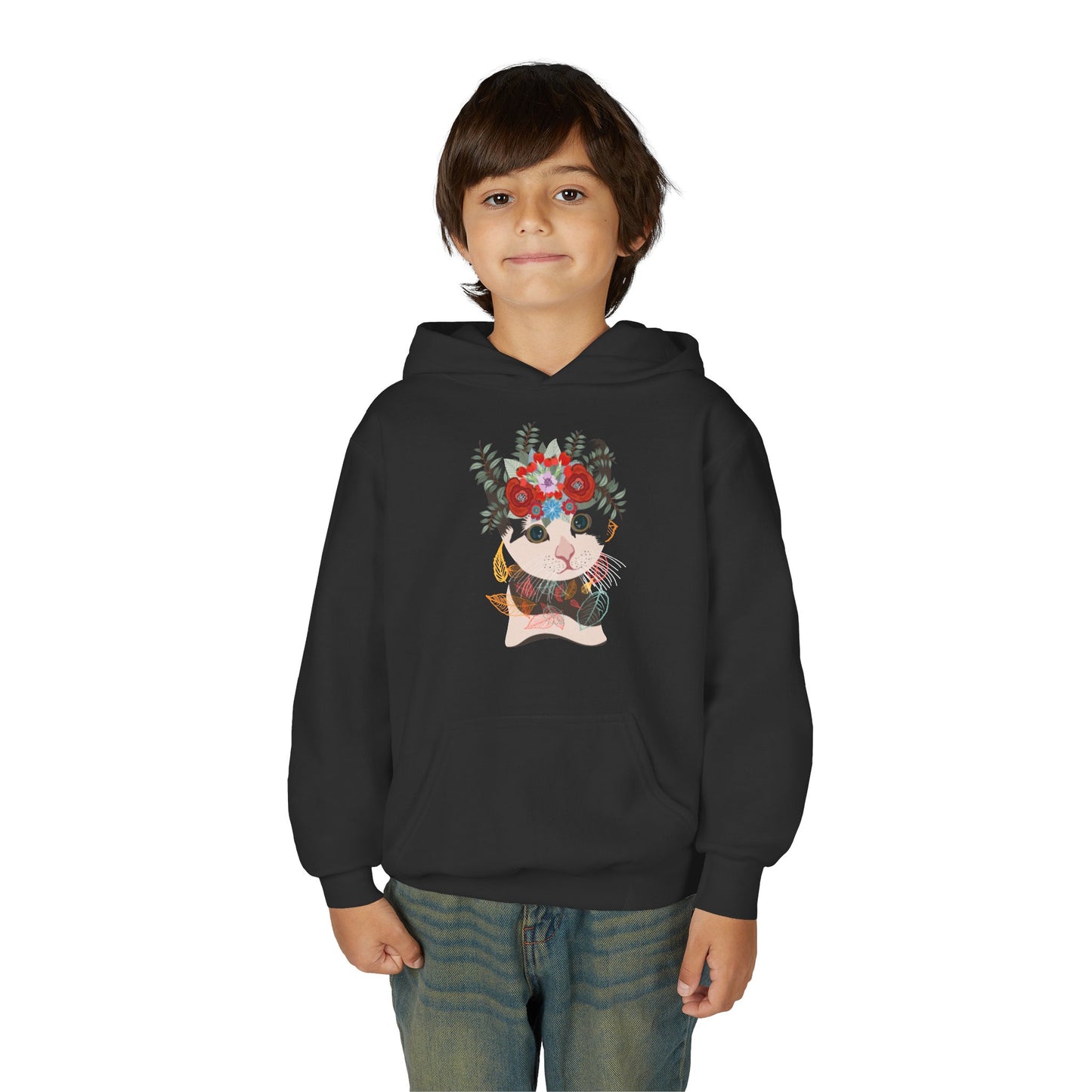 Youth Heavy Blend Hooded Sweatshirt - Lovely cat with crown flower