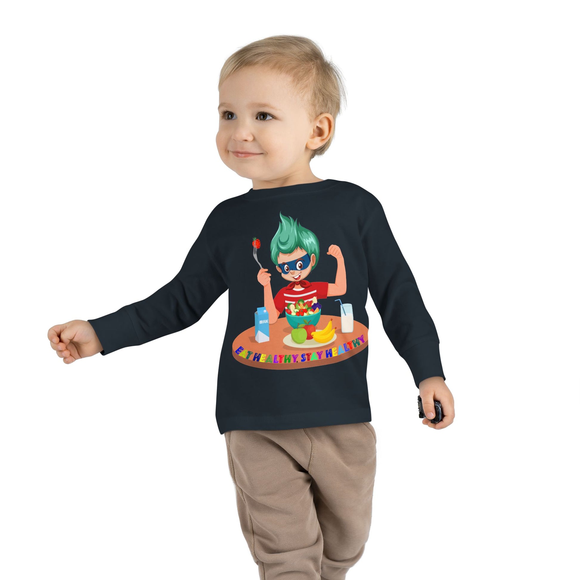 Toddler Long Sleeve Tee - super kiddo eating healthy food - [[{"value":"Wonderwear Kid"}]]