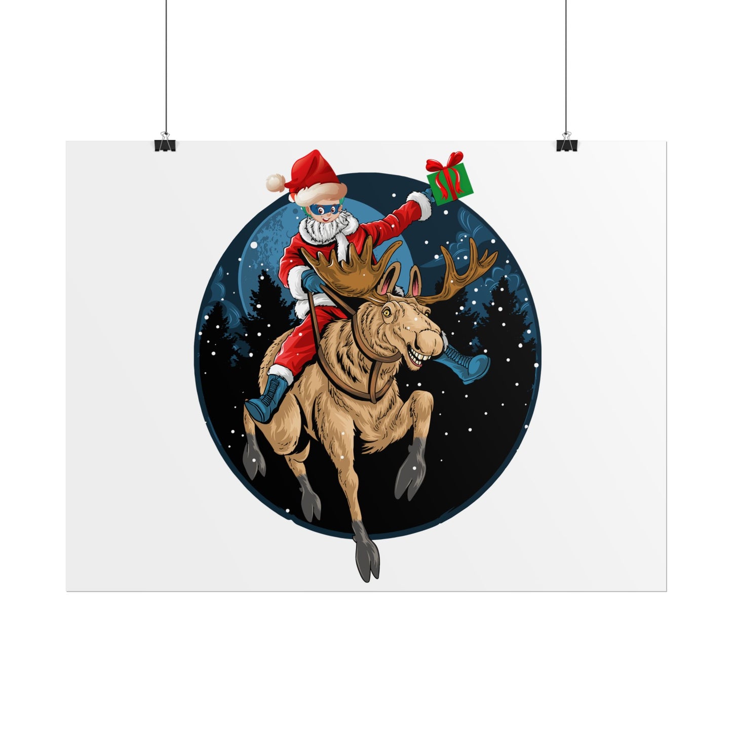 Rolled Posters - Super kiddo riding a reindeer - [[{"value":"Wonderwear Kid"}]]