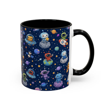 Galactic Robots Accent Coffee Mug — Cute Space Astronaut Pattern (11/15 oz)