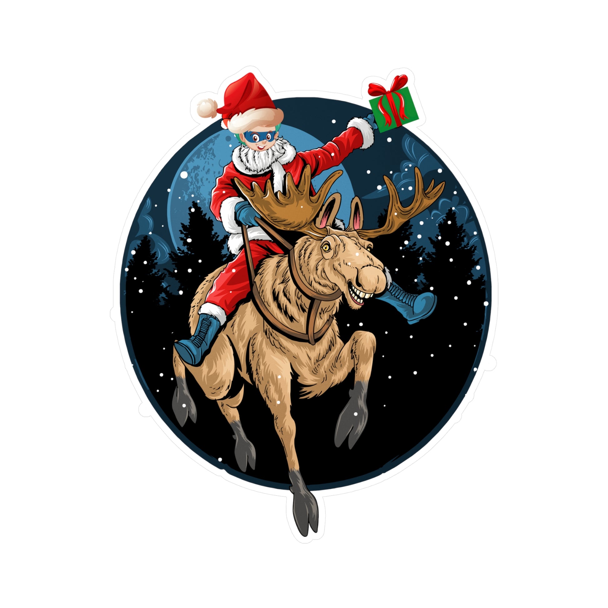 Christmas Kiss-Cut Vinyl Decals – Super kiddo riding a reindeer - [[{"value":"Wonderwear Kid"}]]