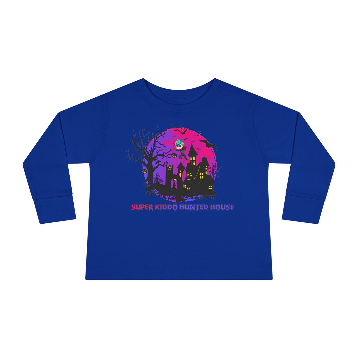 Toddler Long Sleeve Tee - Super kiddo flying on hunted house
