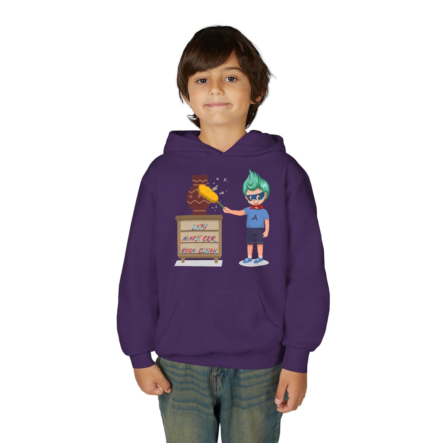 Youth Heavy Blend Hooded Sweatshirt - Super kiddo cleaning a vase