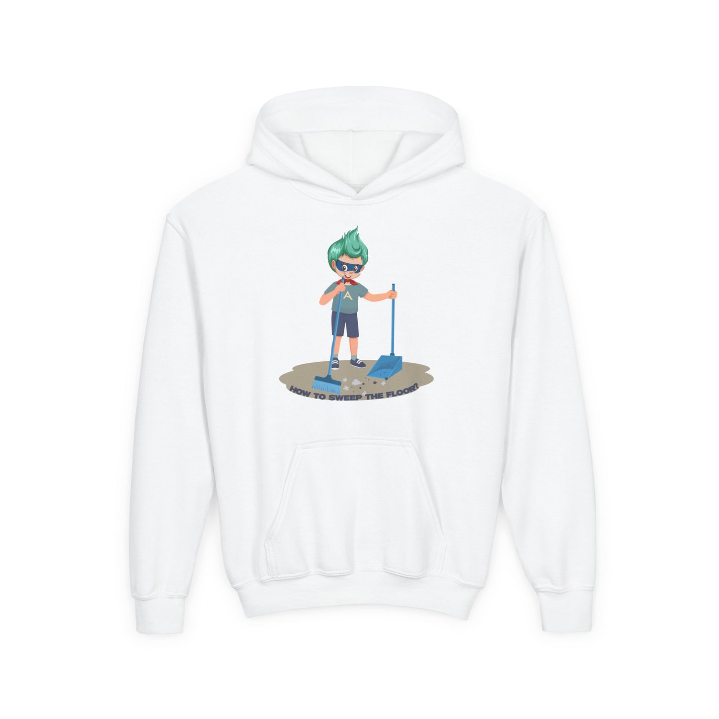 Youth Heavy Blend Hooded Sweatshirt - Super kiddo sweeping floor