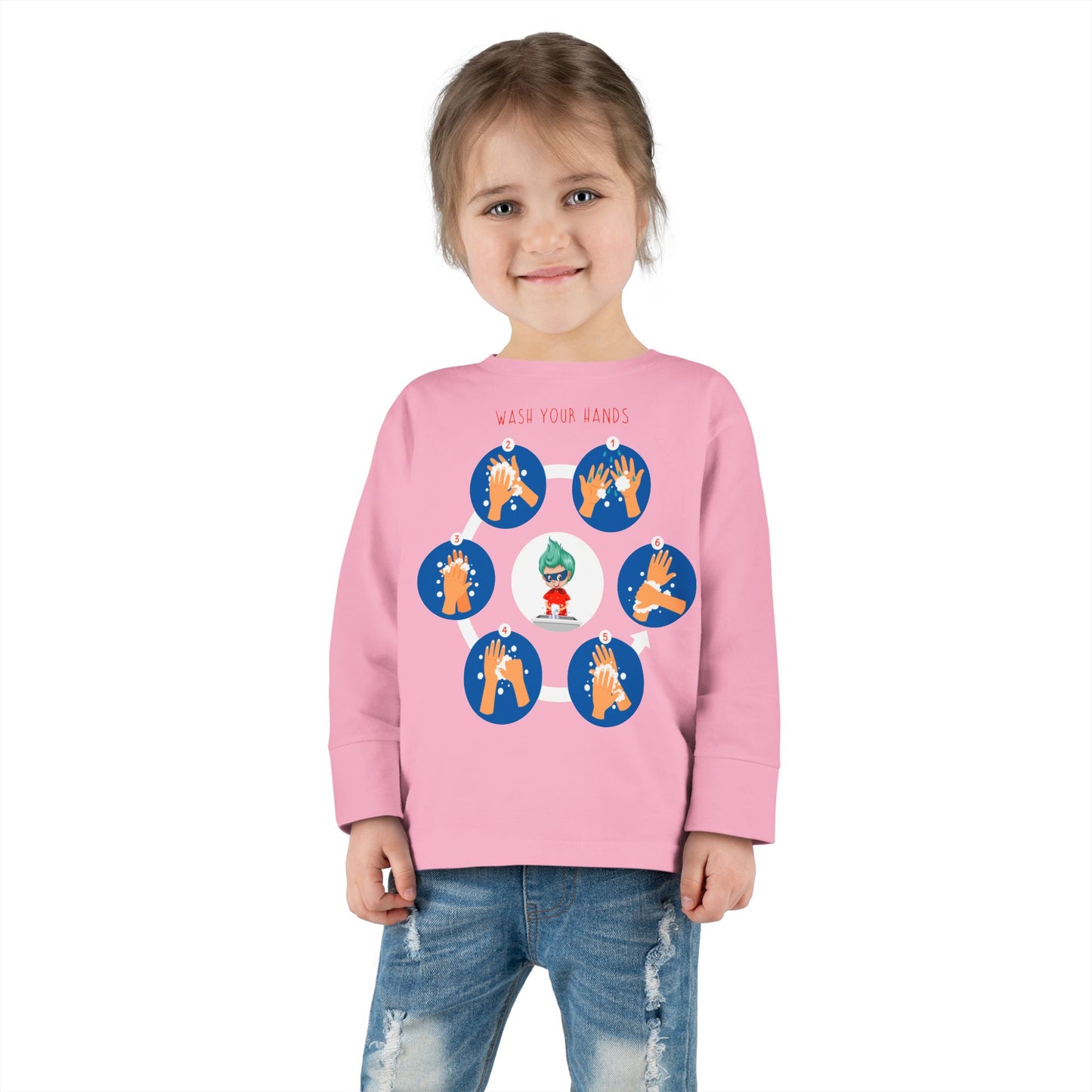 Toddler Long Sleeve Tee - Super kiddo teaching how to wash hands - [[{"value":"Wonderwear Kid"}]]