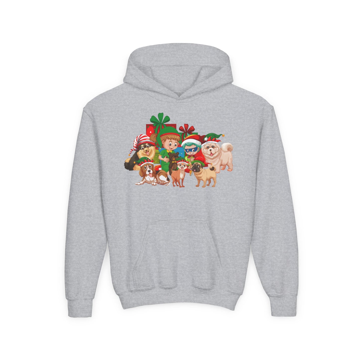 Youth Heavy Blend Hooded Sweatshirt - Christmas with super kiddo pet friends without text