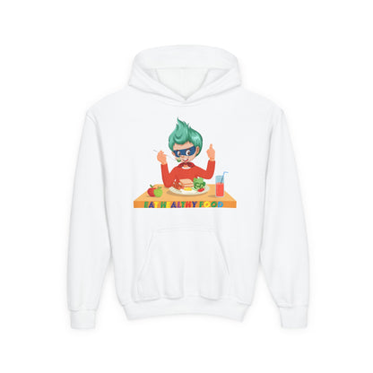 Youth Heavy Blend Hooded Sweatshirt - Super kiddo eating healthy breafast - [[{"value":"Wonderwear Kid"}]]