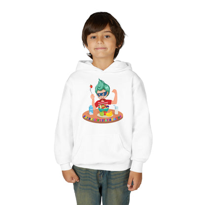 Youth Heavy Blend Hooded Sweatshirt - super kiddo eating healthy food - [[{"value":"Wonderwear Kid"}]]