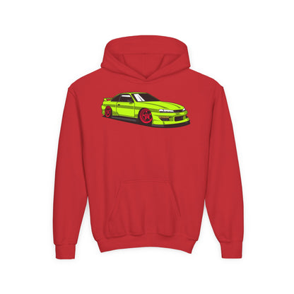 Youth Heavy Blend Hooded Sweatshirt - Yellow green race car Printify