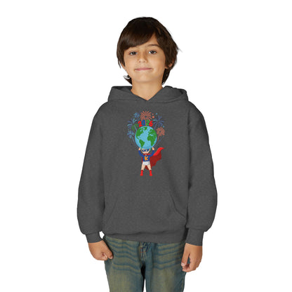 Youth Heavy Blend Hooded Sweatshirt - Super kiddo holding globe - [[{"value":"Wonderwear Kid"}]]