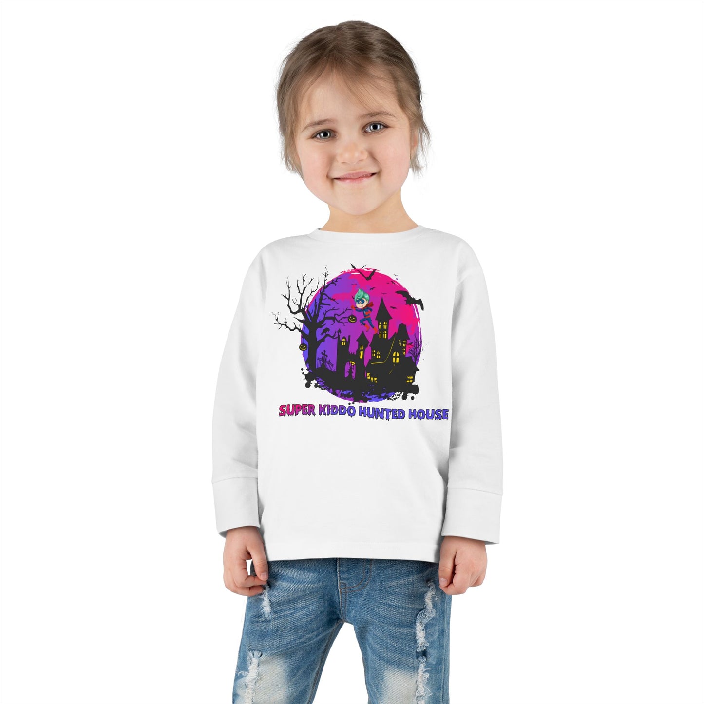 Toddler Long Sleeve Tee - Super kiddo flying on hunted house