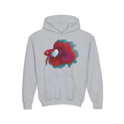 Youth Heavy Blend Hooded Sweatshirt - Red Siamese fighting fish Printify