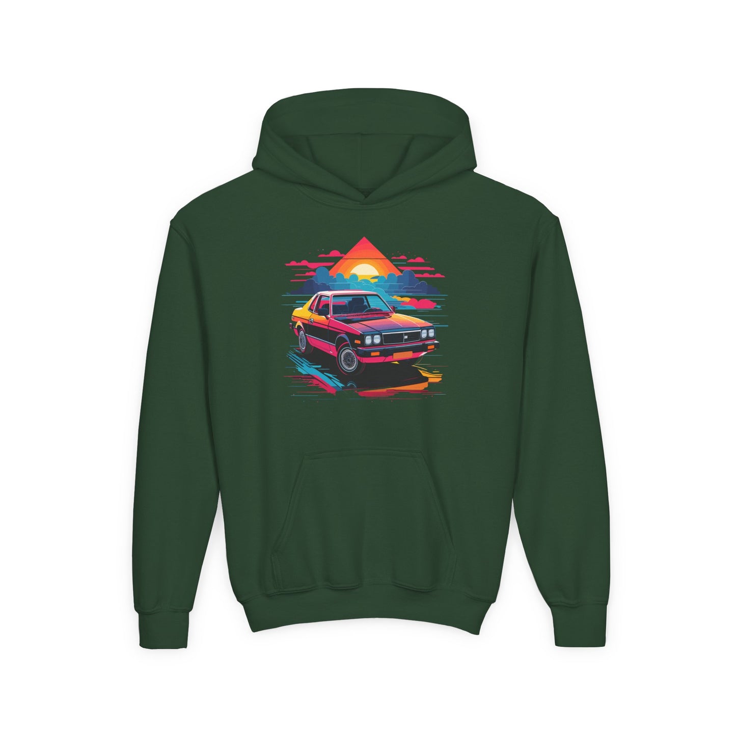 Youth Heavy Blend Hooded Sweatshirt - Retro Car and Sunset