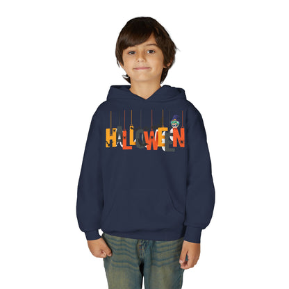Youth Heavy Blend Hooded Sweatshirt - Holloween hanging letters Printify