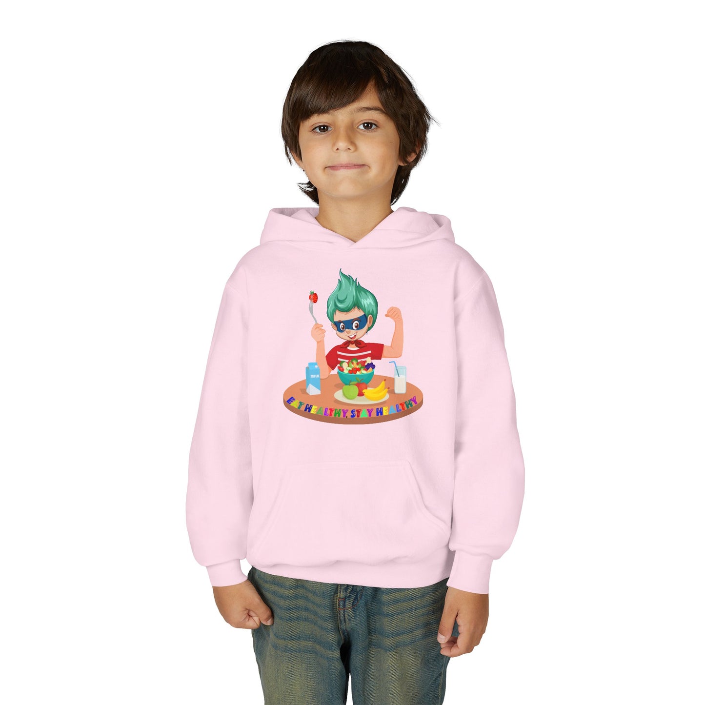 Youth Heavy Blend Hooded Sweatshirt - super kiddo eating healthy food