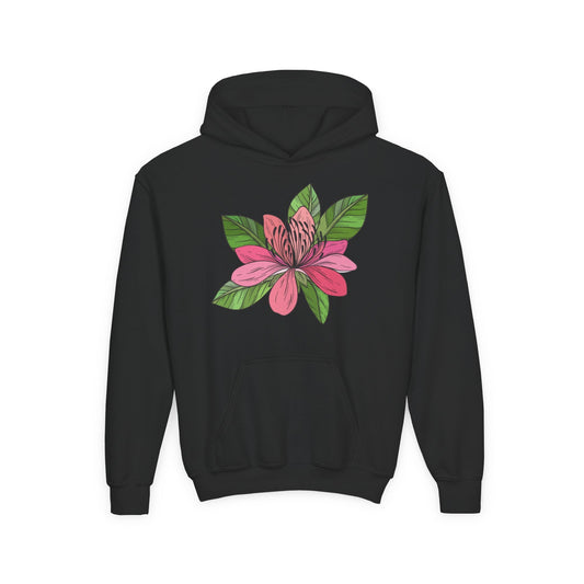 Youth Heavy Blend Hooded Sweatshirt -  Pink flower Printify