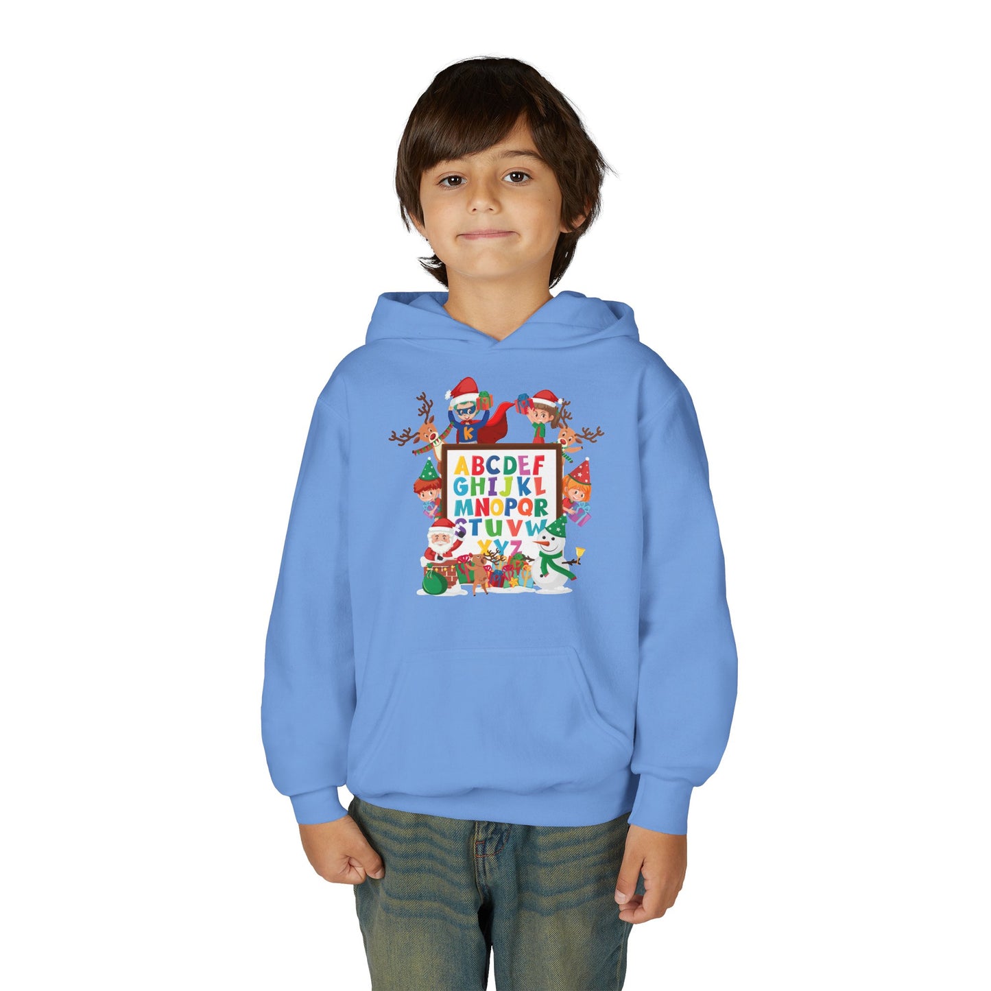 Youth Heavy Blend Hooded Sweatshirt - Christmas alphabet with super kiddo