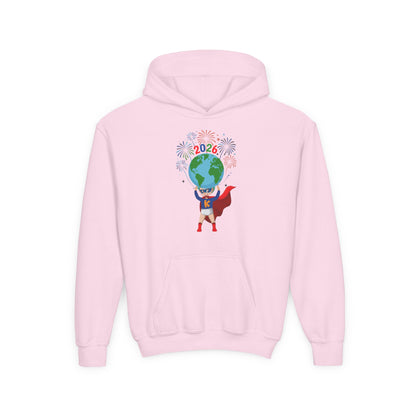 Youth Heavy Blend Hooded Sweatshirt - Super kiddo holding globe - [[{"value":"Wonderwear Kid"}]]