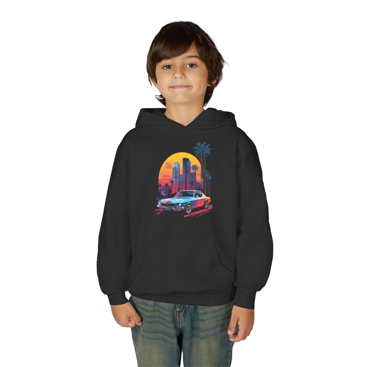 Youth Heavy Blend Hooded Sweatshirt - Vintage Car Sunset