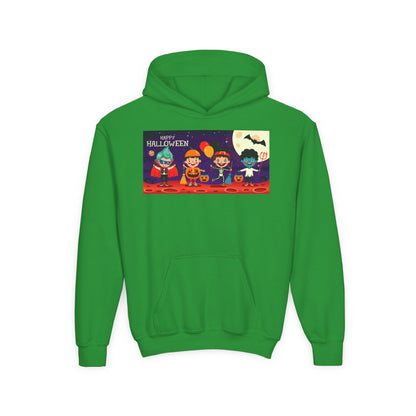 Youth Heavy Blend Hooded Sweatshirt - Super kiddo with friends on holloween - [[{"value":"Wonderwear Kid"}]]