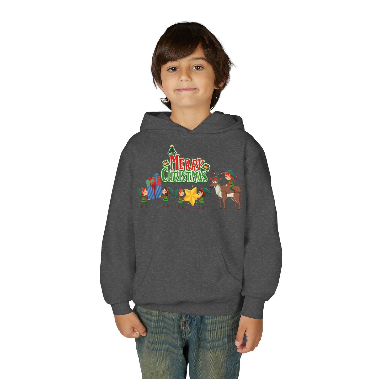 Youth Heavy Blend Hooded Sweatshirt - Merry christmas and reindeer