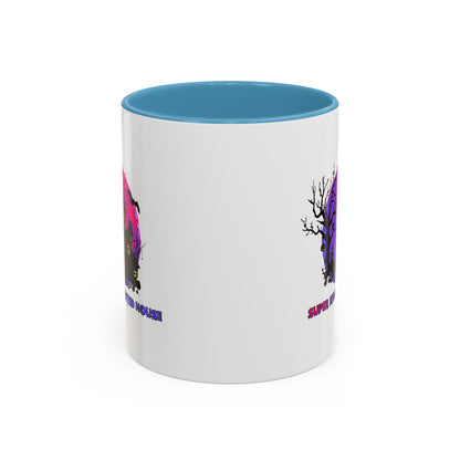 Accent Coffee Mug - Super kiddo flying on hunted house - [[{"value":"Wonderwear Kid"}]]