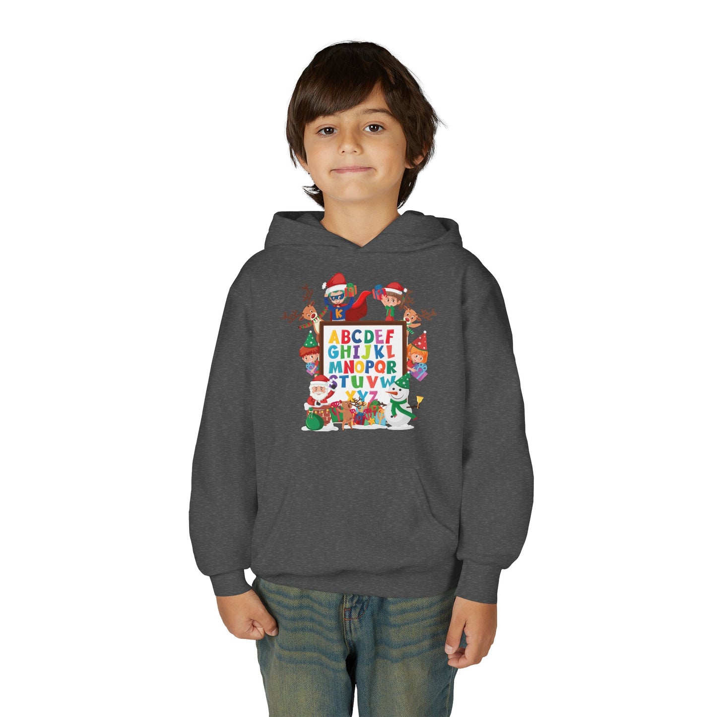 Youth Heavy Blend Hooded Sweatshirt - Christmas alphabet with super kiddo