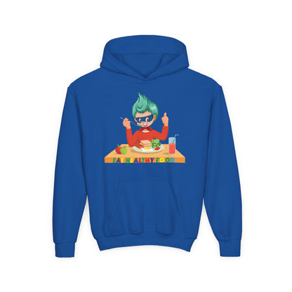 Youth Heavy Blend Hooded Sweatshirt - Super kiddo eating healthy breafast - [[{"value":"Wonderwear Kid"}]]