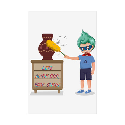 Rolled Posters - Super kiddo cleaning a vase - [[{"value":"Wonderwear Kid"}]]