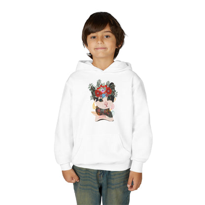 Youth Heavy Blend Hooded Sweatshirt - Lovely cat with crown flower Printify