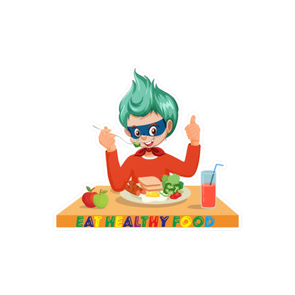 Halloween Kiss-Cut Vinyl Decals – Super kiddo eating healthy breafast - [[{"value":"Wonderwear Kid"}]]