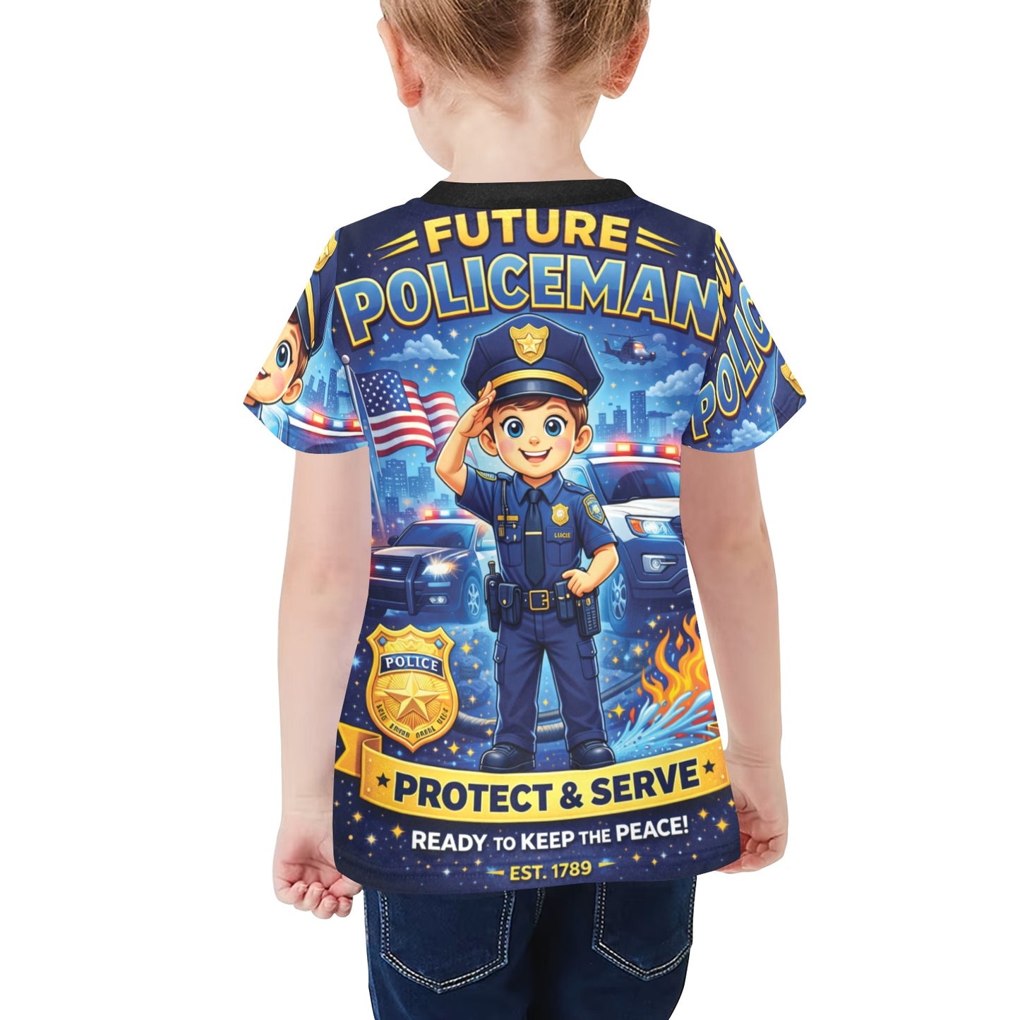 Little Kids' All Over Print Crew Neck T-Shirt - Proud to Serve - Young Patriot - Future Policeman