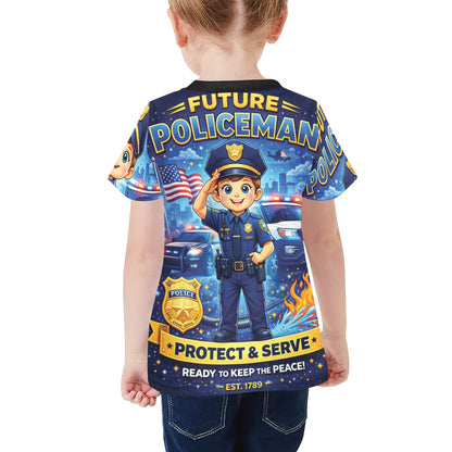 Little Kids' All Over Print Crew Neck T-Shirt - Proud to Serve - Young Patriot - Future Policeman