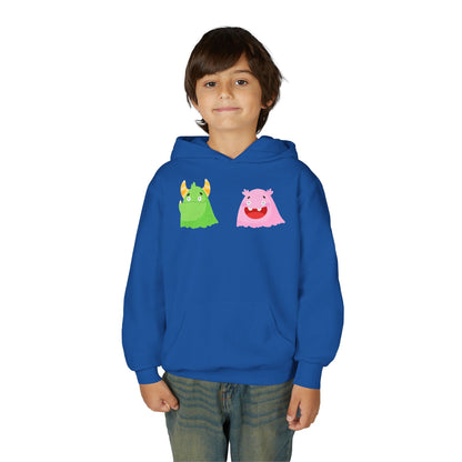 Youth Heavy Blend Hooded Sweatshirt - Green and pink monsters Printify