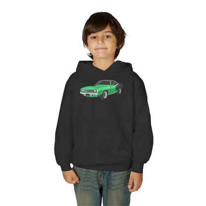 Youth Heavy Blend Hooded Sweatshirt - Vintage green car Printify
