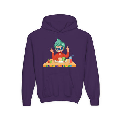 Youth Heavy Blend Hooded Sweatshirt - Super kiddo eating healthy breafast - [[{"value":"Wonderwear Kid"}]]