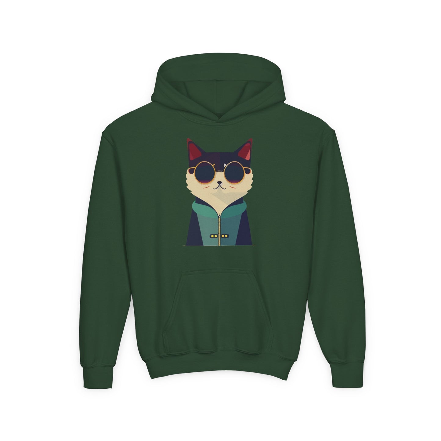 Youth Heavy Blend Hooded Sweatshirt - Cool Cat with Sunglasses