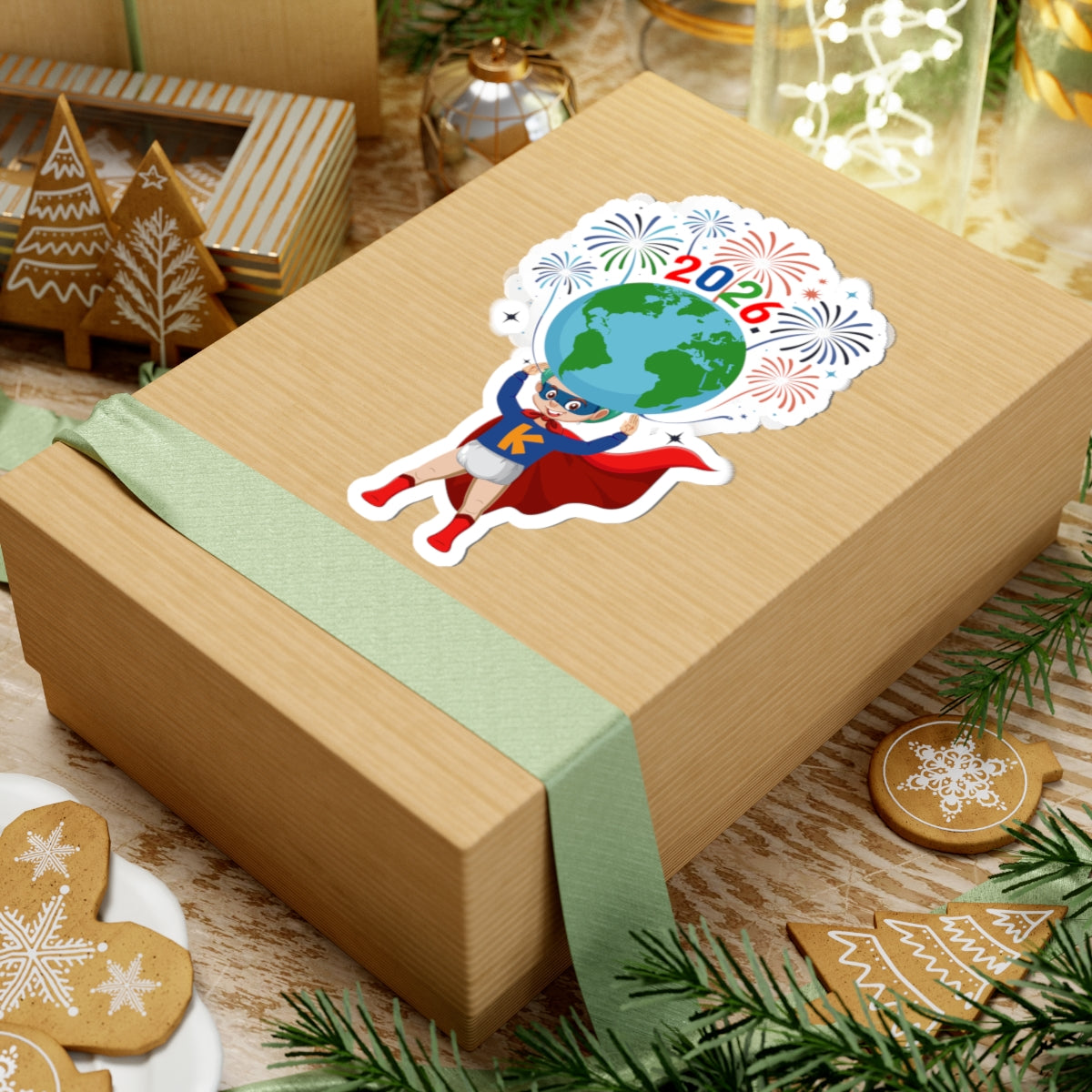 Kiss-Cut Stickers - Super kiddo holding globe - [[{"value":"Wonderwear Kid"}]]