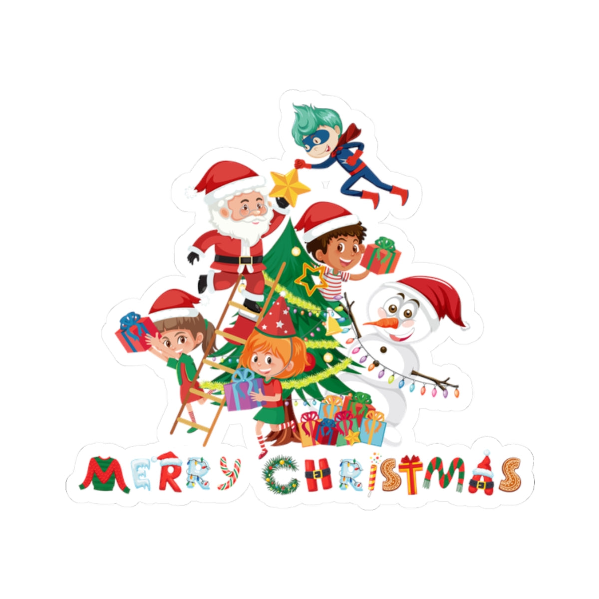 Kiss-Cut Stickers - Super kiddo making christmas tree with text - [[{"value":"Wonderwear Kid"}]]