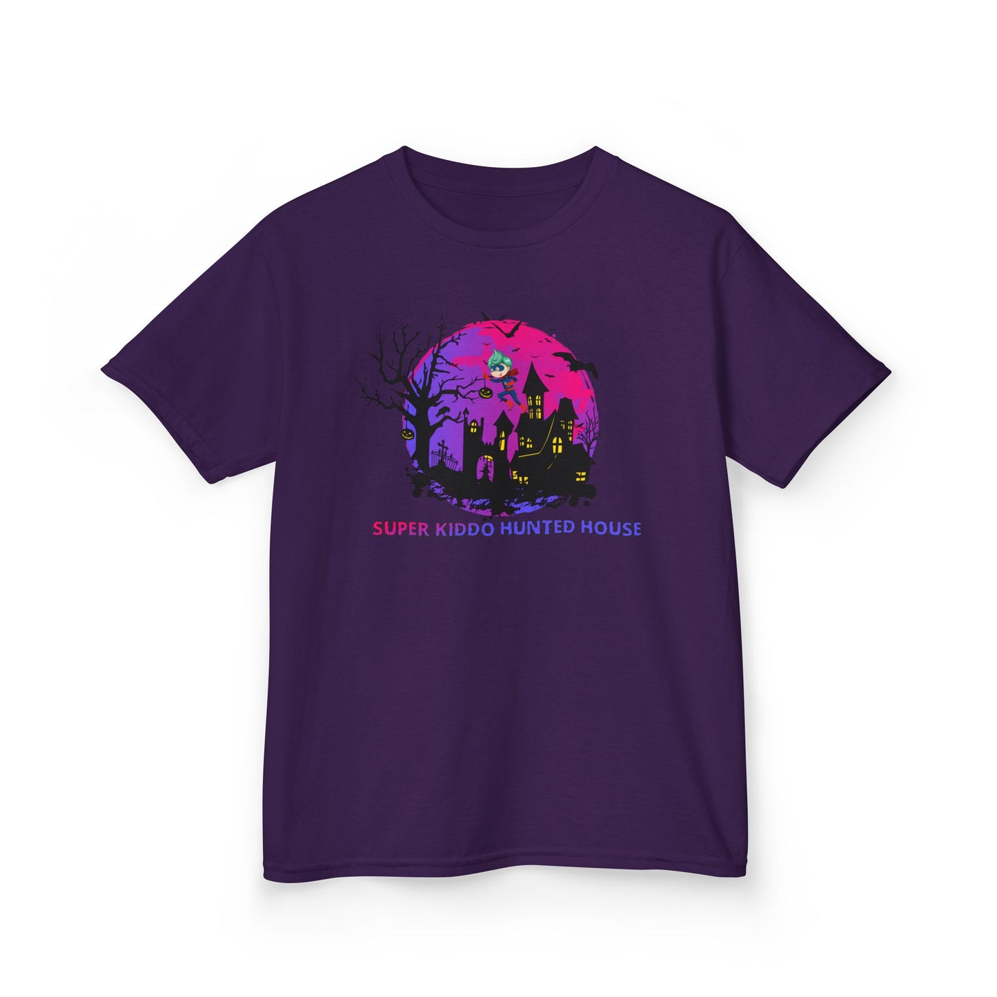 Kids Heavy Cotton™ Tee - Super kiddo flying on hunted house - [[{"value":"Wonderwear Kid"}]]