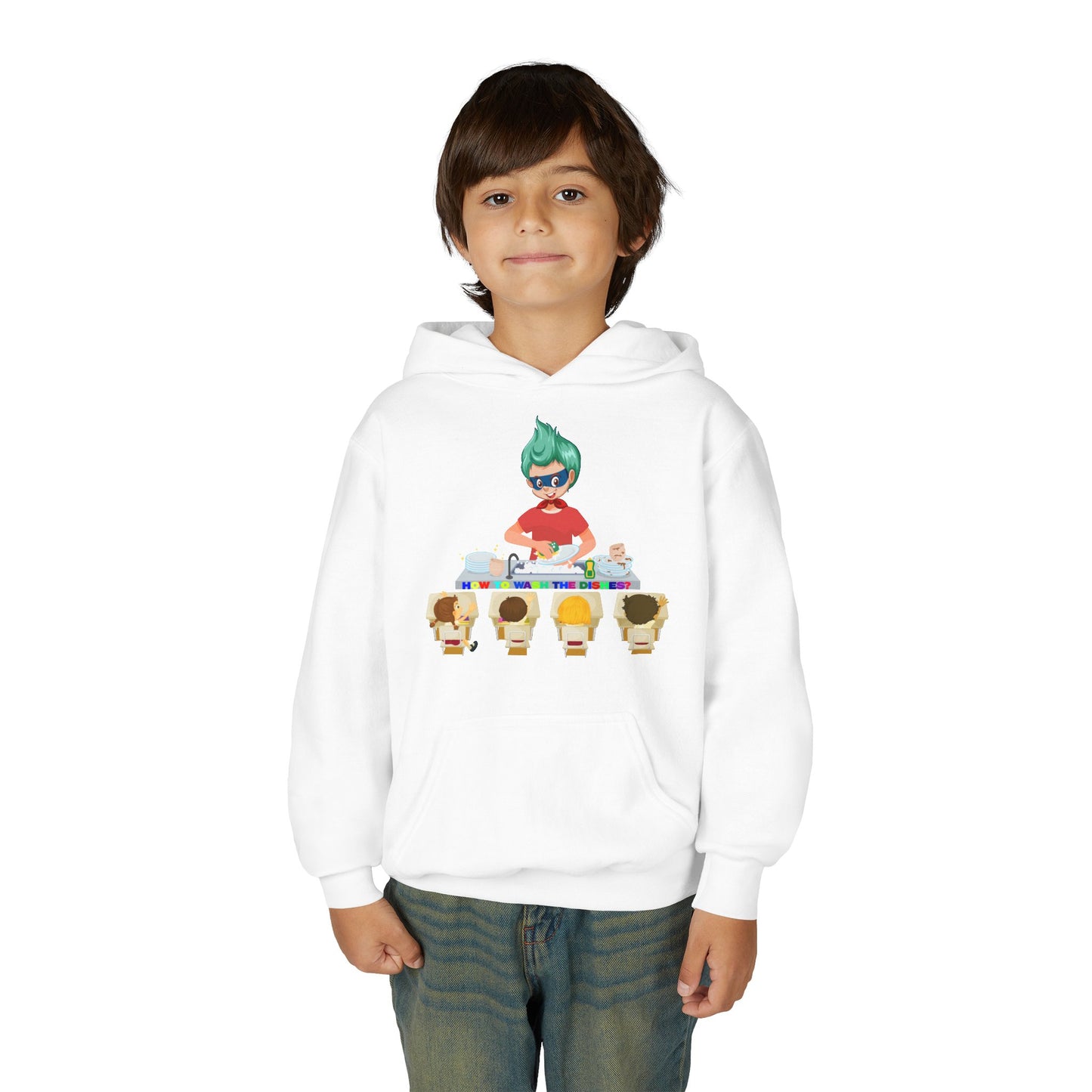 Youth Heavy Blend Hooded Sweatshirt - Little kiddo teaching to wash dishes
