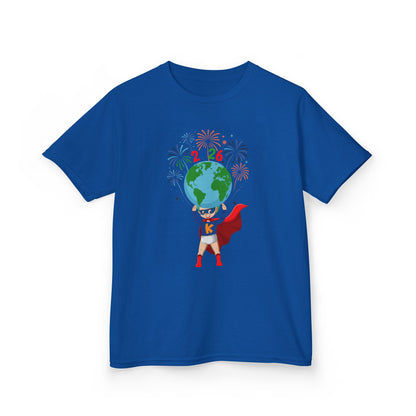 Kids Heavy Cotton™ Tee - Super kiddo holding globe - [[{"value":"Wonderwear Kid"}]]