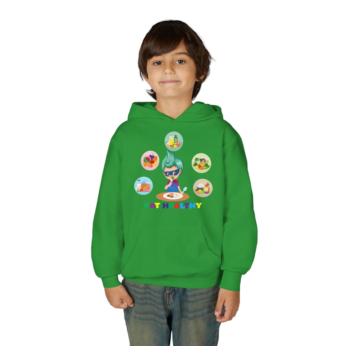 Youth Heavy Blend Hooded Sweatshirt - Supper kiddo showing healthy food to eat