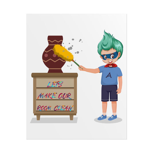 Rolled Posters - Super kiddo cleaning a vase - [[{"value":"Wonderwear Kid"}]]