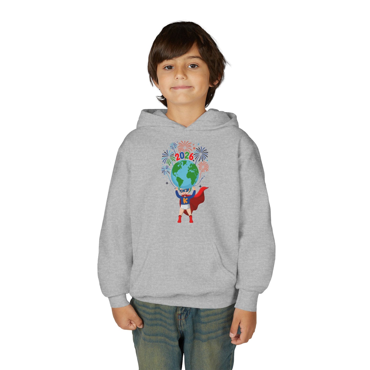 Youth Heavy Blend Hooded Sweatshirt - Super kiddo holding globe