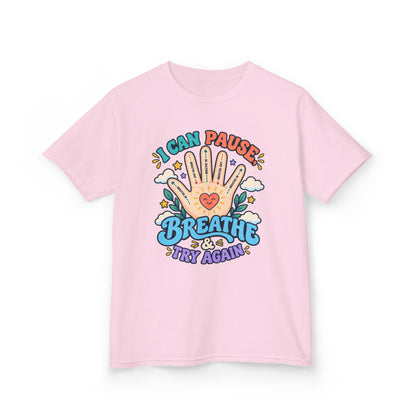 Kids Heavy Cotton™ Tee - Pause, Breathe, Try Again Hand Guide