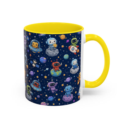 Galactic Robots Accent Coffee Mug — Cute Space Astronaut Pattern (11/15 oz)
